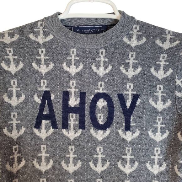 Vineyard Vines Kids Ahoy Anchor Print Merino Wool Blend Sweater Gray Medium - Picture 3 of 13
